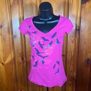 Small Boho Graphic Tee Magenta Pink V-Neck Birds Nature Inspired